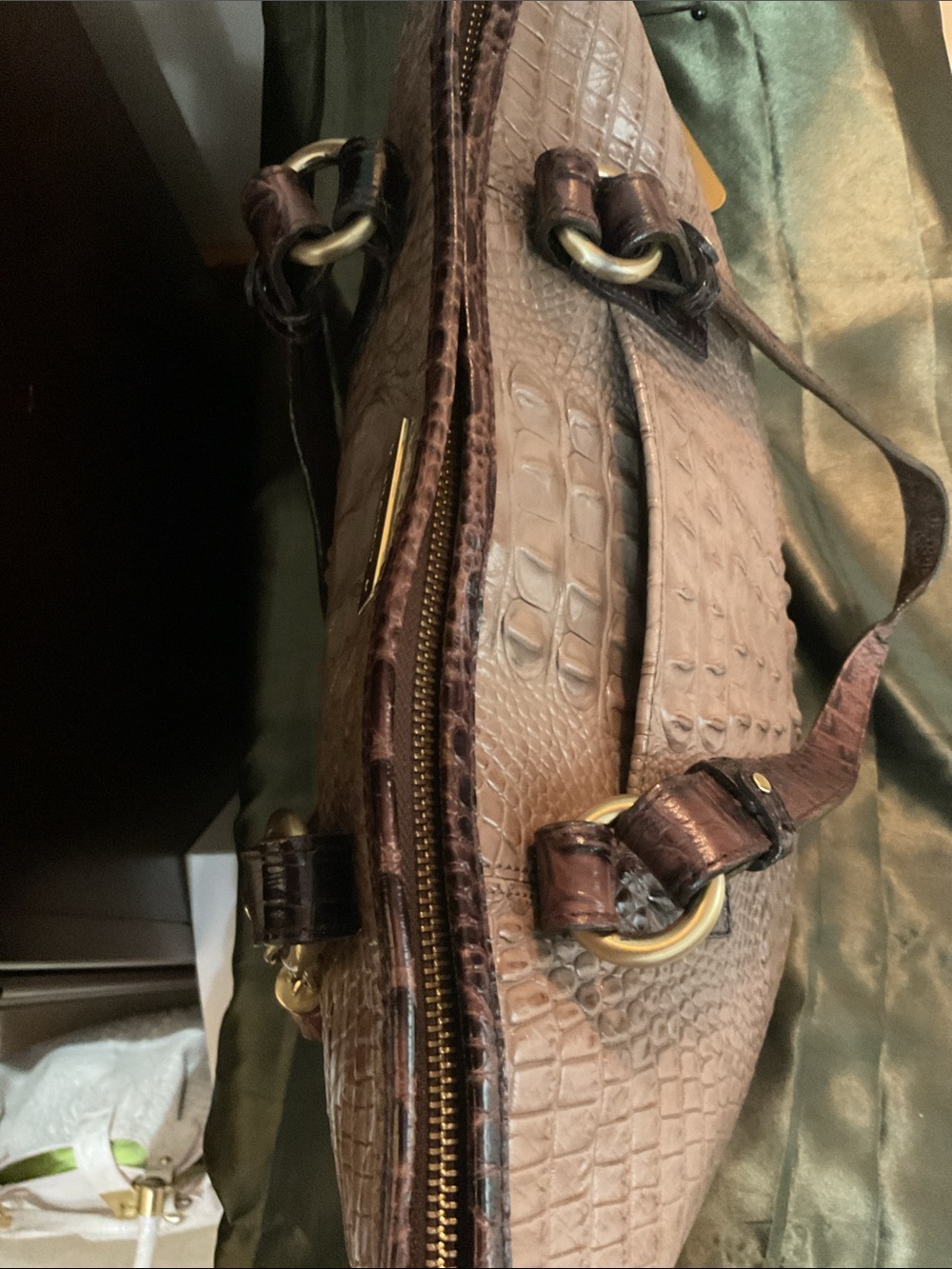 Brahmin Asher Taupe Croc-Embossed Tote with Dark Brown Trim and Gold Accents - Picture 9 of 12
